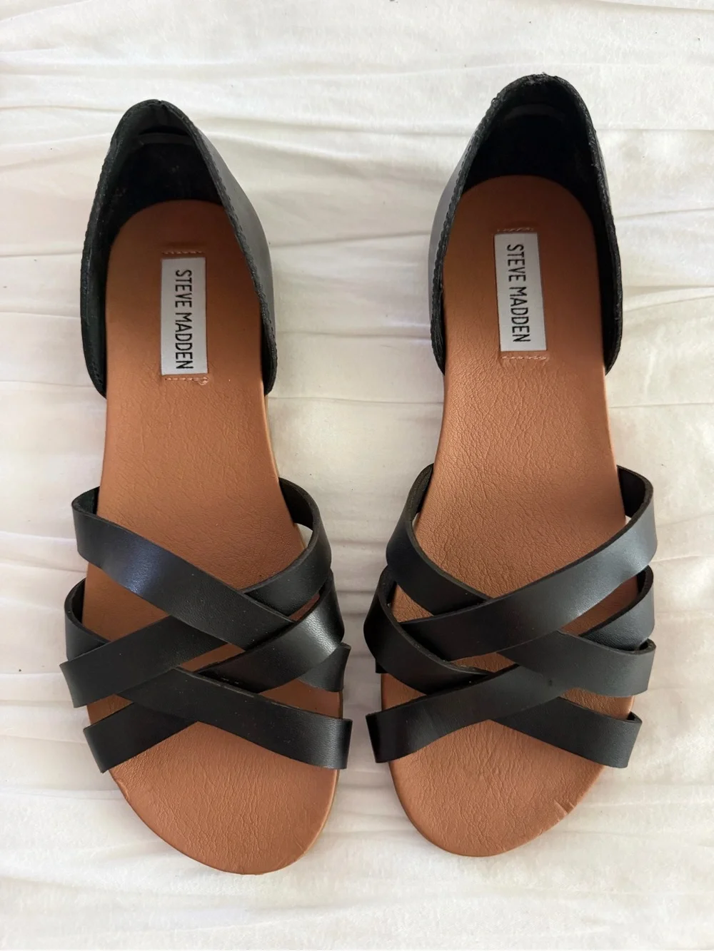 Steve Madden Black Leather Strappy D’Orsay Flat Sandals Size 7